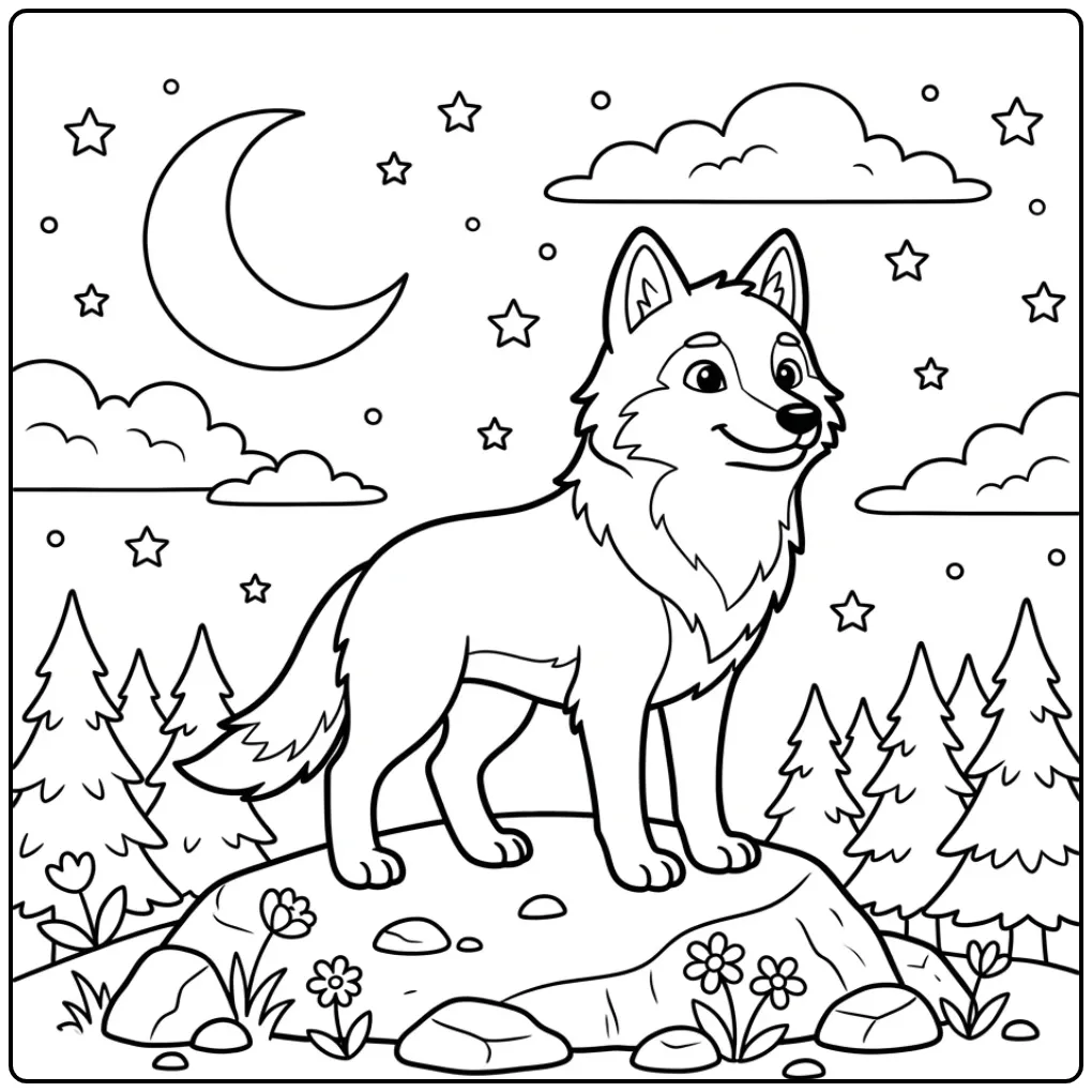 Wolf coloring page featuring a wolf under the moon