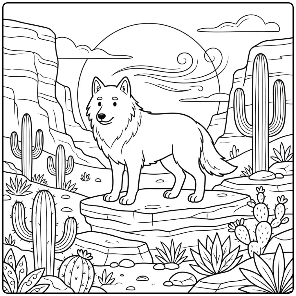 Wolf coloring page showing a wolf at sunset