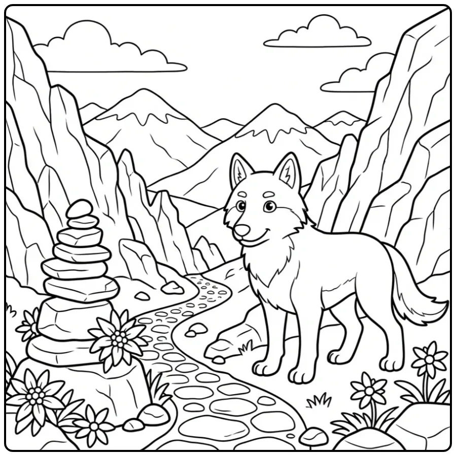 Wolf coloring page showing a wolf on a mountain path