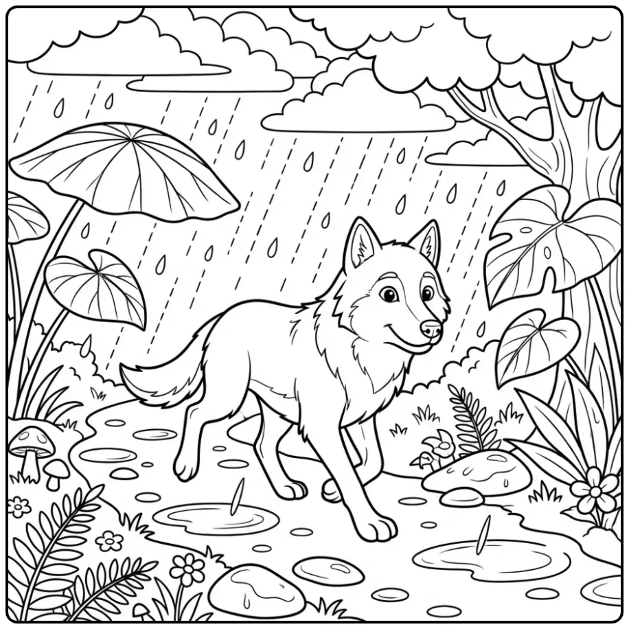 Wolf coloring page showing a wolf in the rain