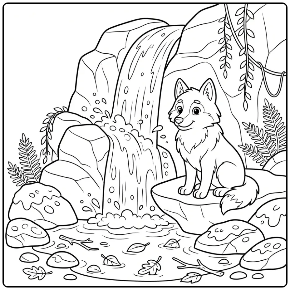 Wolf coloring page featuring a wolf by a waterfall
