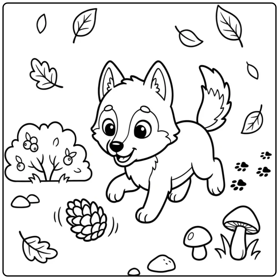 Wolf pup coloring page showing a playful wolf puppy