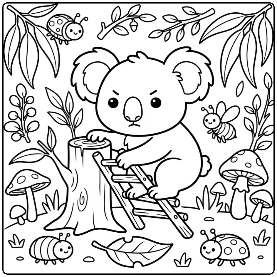 Baby koala coloring page learning to climb on a tree
