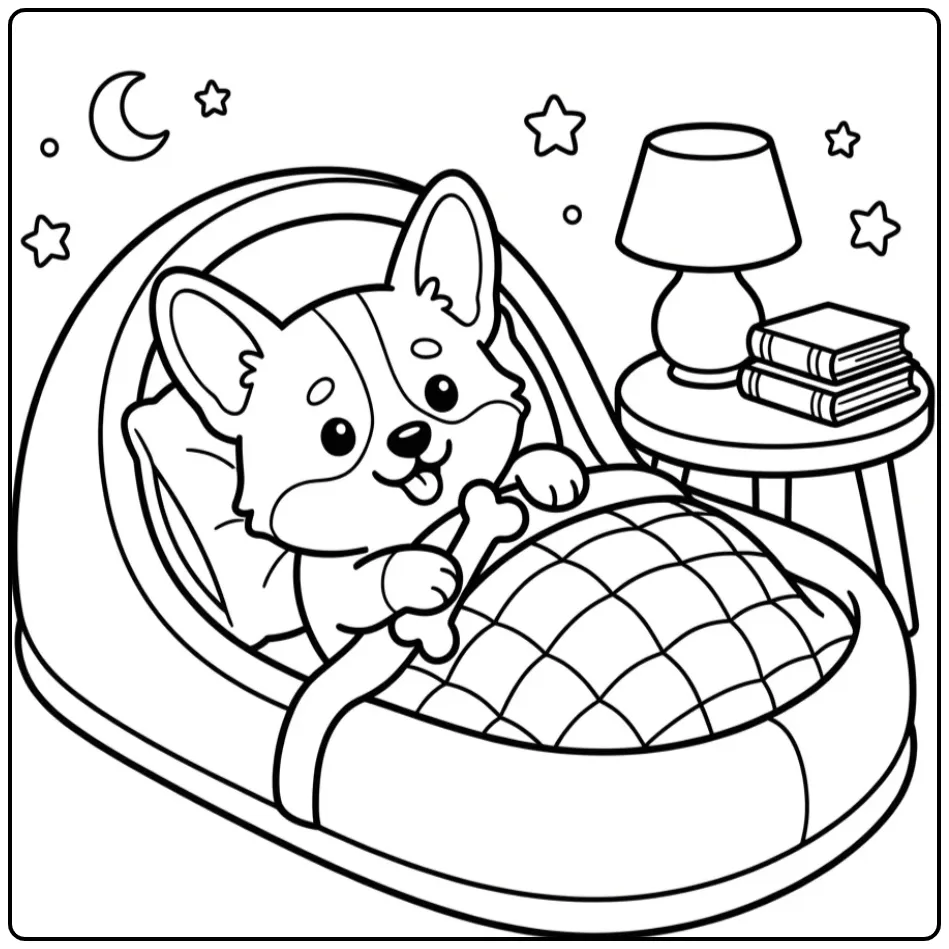 Cozy Corgi Puppy in a Big Slipper Bed coloring page