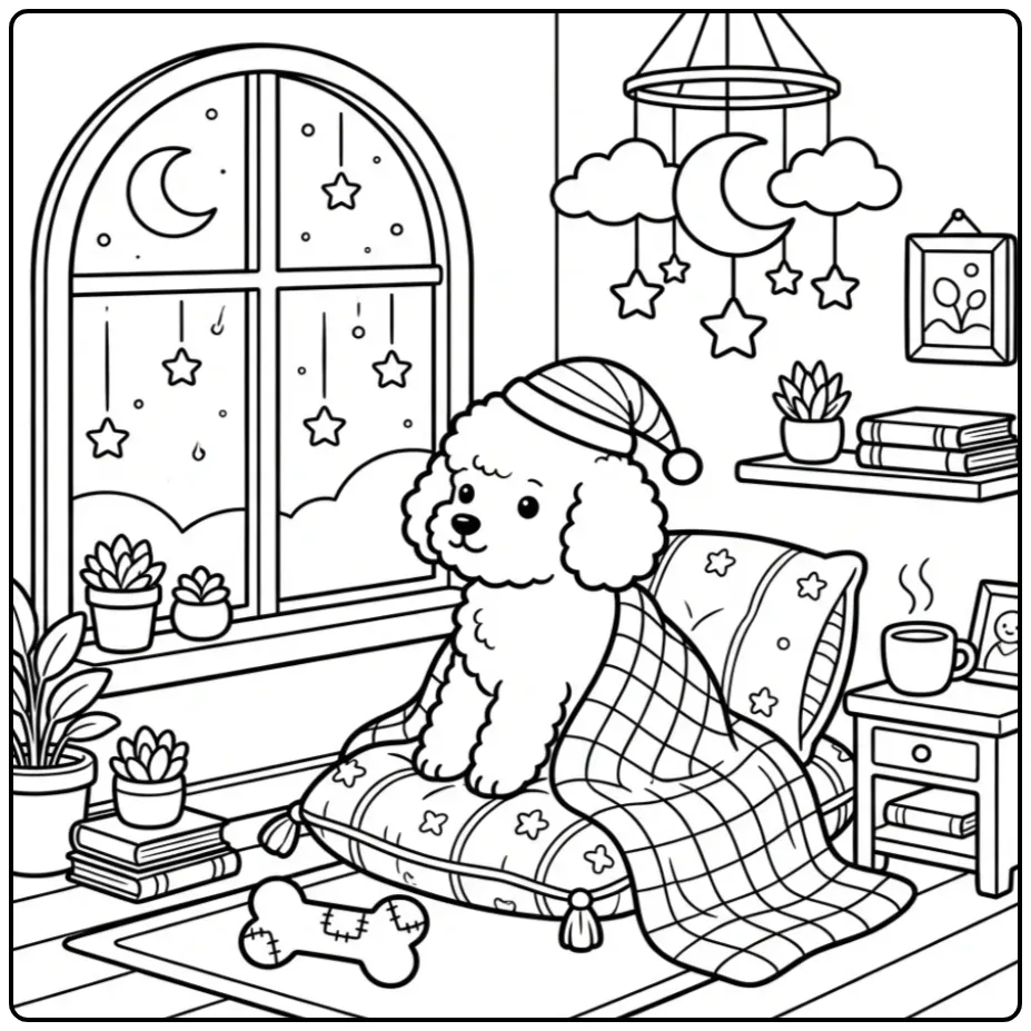 Cozy Poodle Watching Falling Stars coloring page