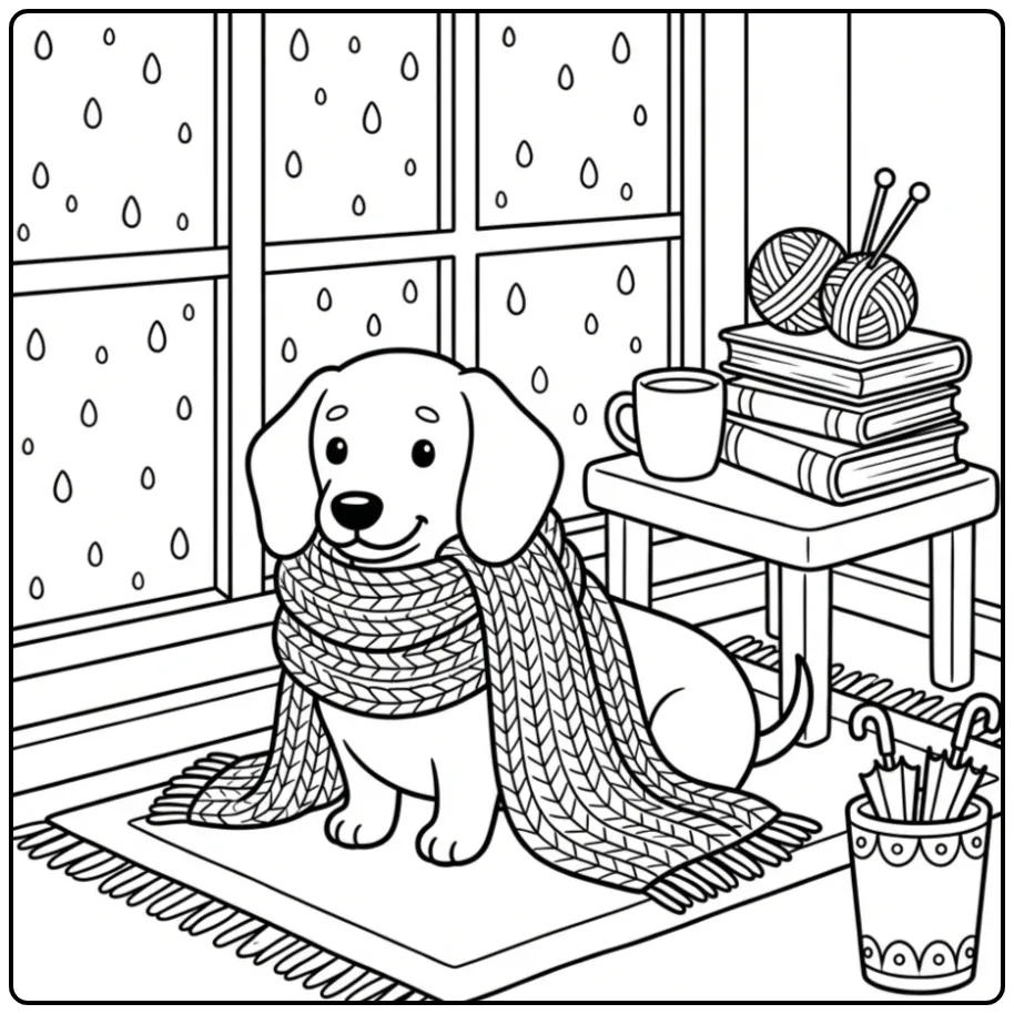Cozy Dachshund on a Rainy Day coloring page