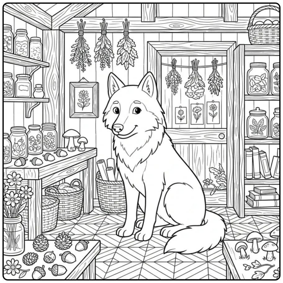 Adult wolf coloring page featuring a wolf in a cabin
