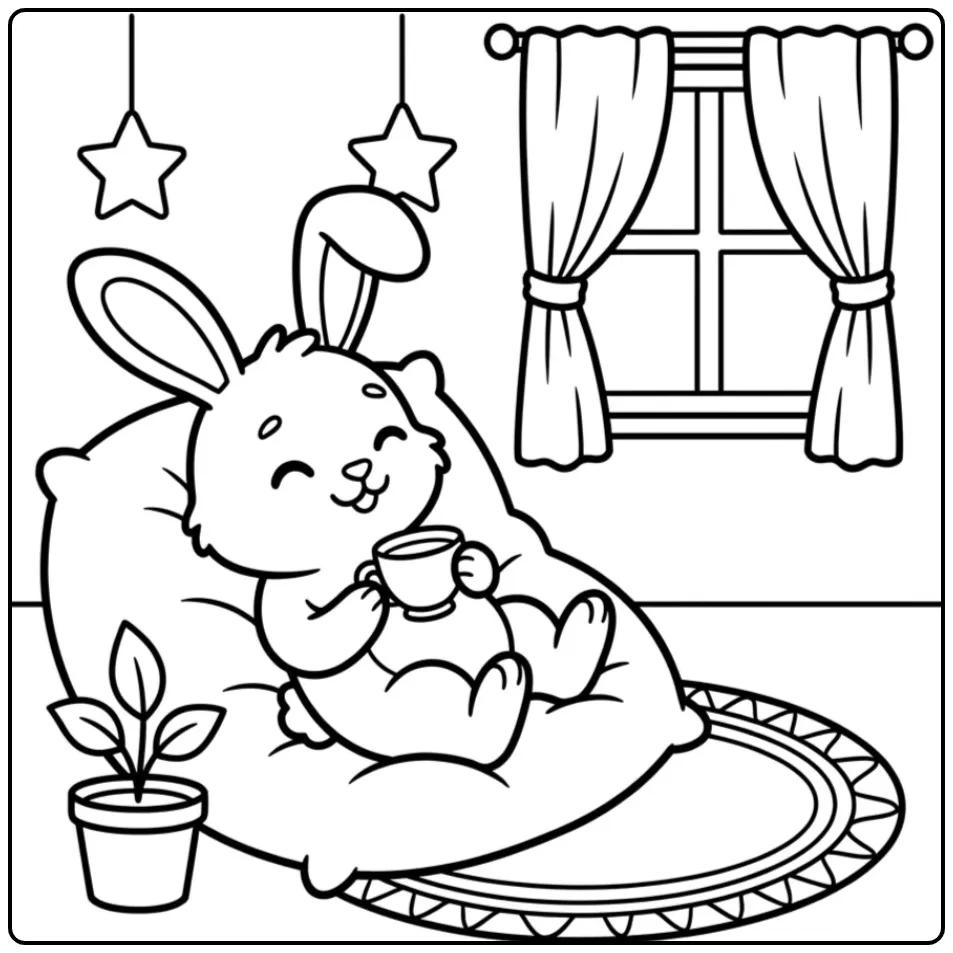 Easy rabbit coloring page with stars and a cushion