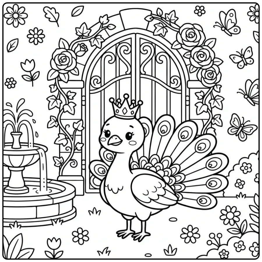 Peacock coloring page with a crown by a castle gate