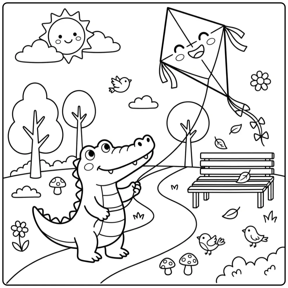 Easy crocodile coloring page featuring a kite in the park