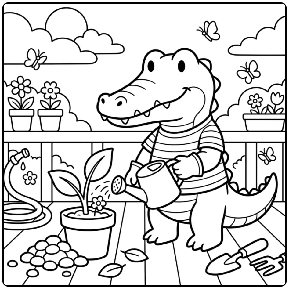 Easy crocodile coloring page showing a plant and watering can