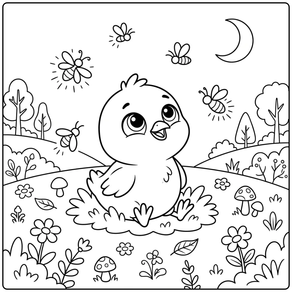 Chick coloring page with fireflies and the moon