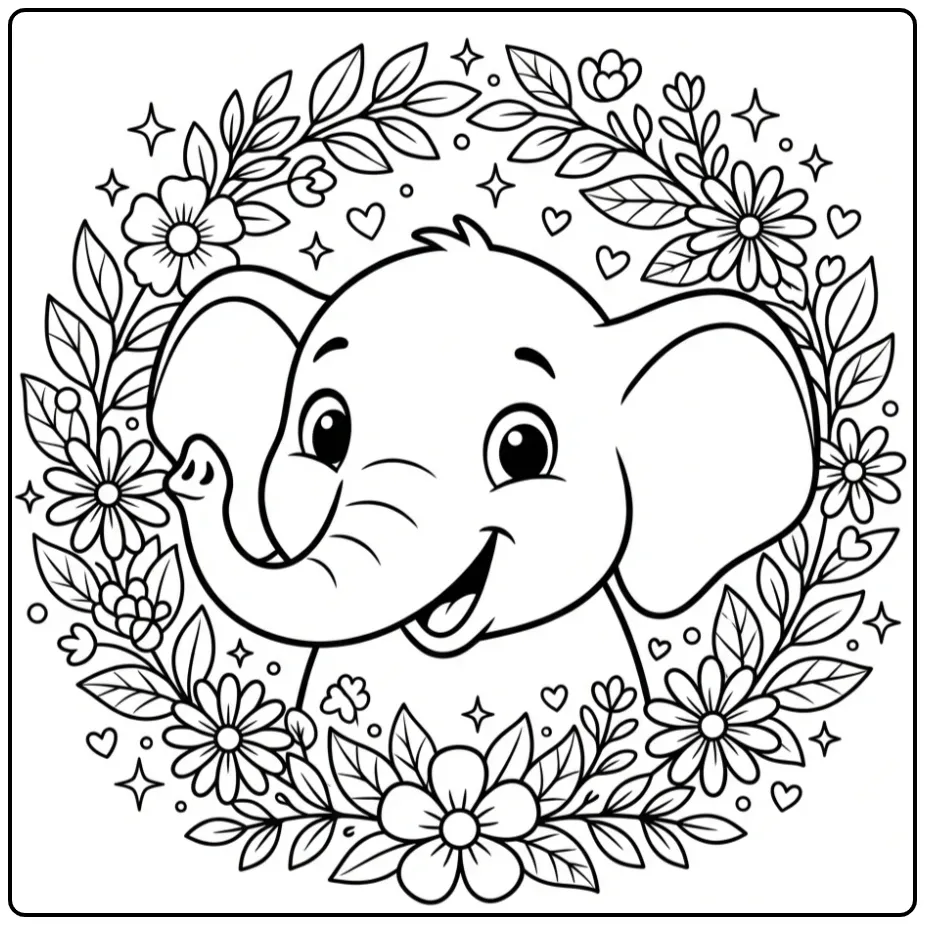 Elephant coloring page with flowers, hearts, and stars