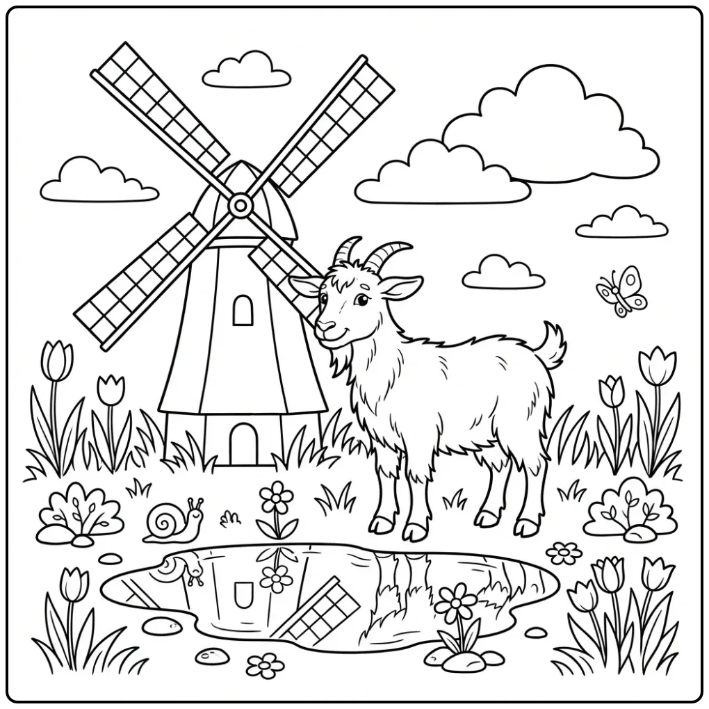 Cute goat coloring page by a windmill and tulips