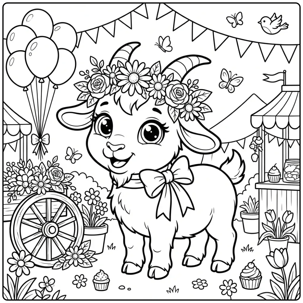 Happy goat coloring page with a flower crown and balloons