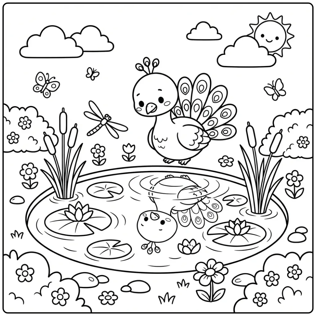 Peacock coloring page by a pond with water lilies