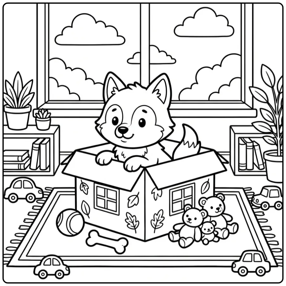 Wolf pup coloring page showing a pup in a box