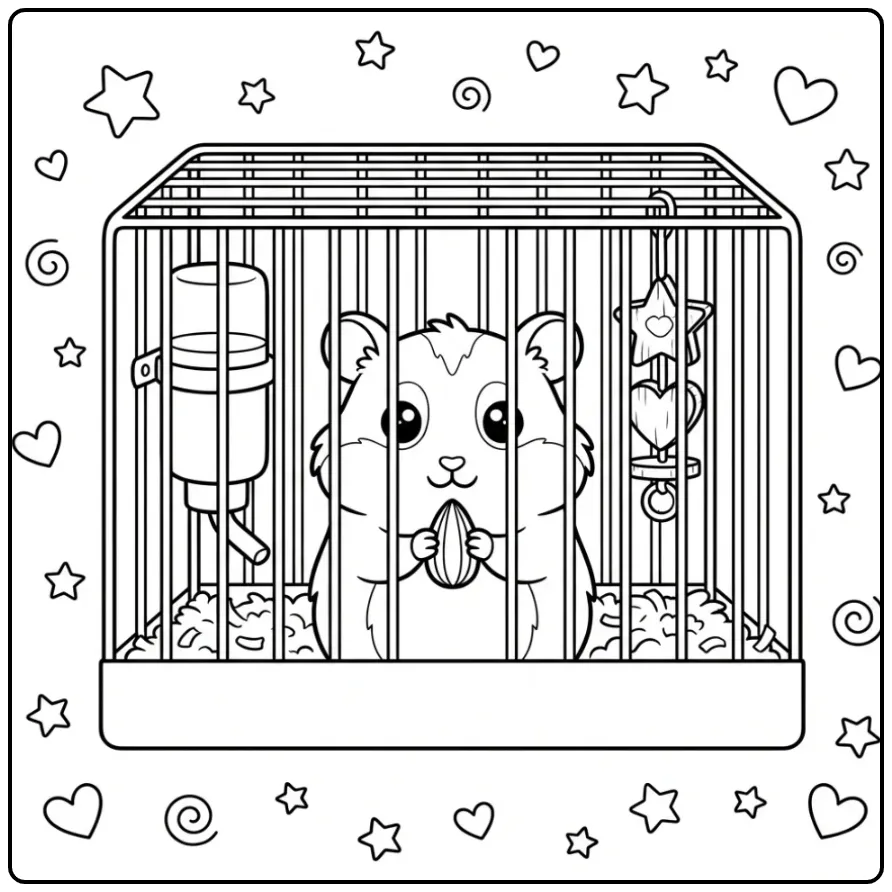Hamster in cage coloring page with a sunflower seed
