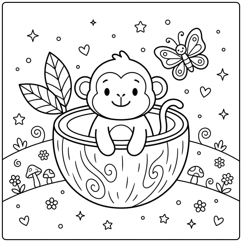 Easy monkey coloring page sitting in a coconut shell