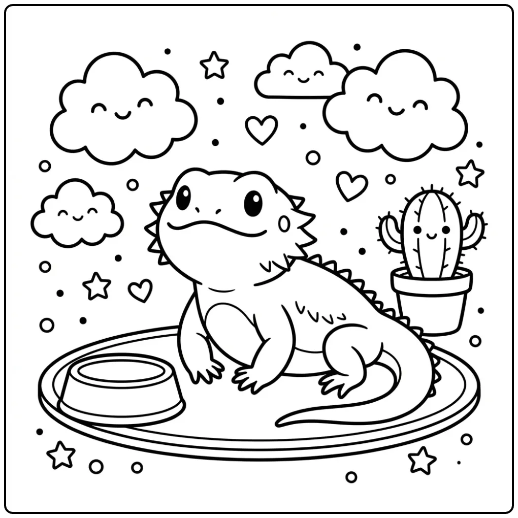 Toddler bearded dragon coloring page with a cactus and food bowl