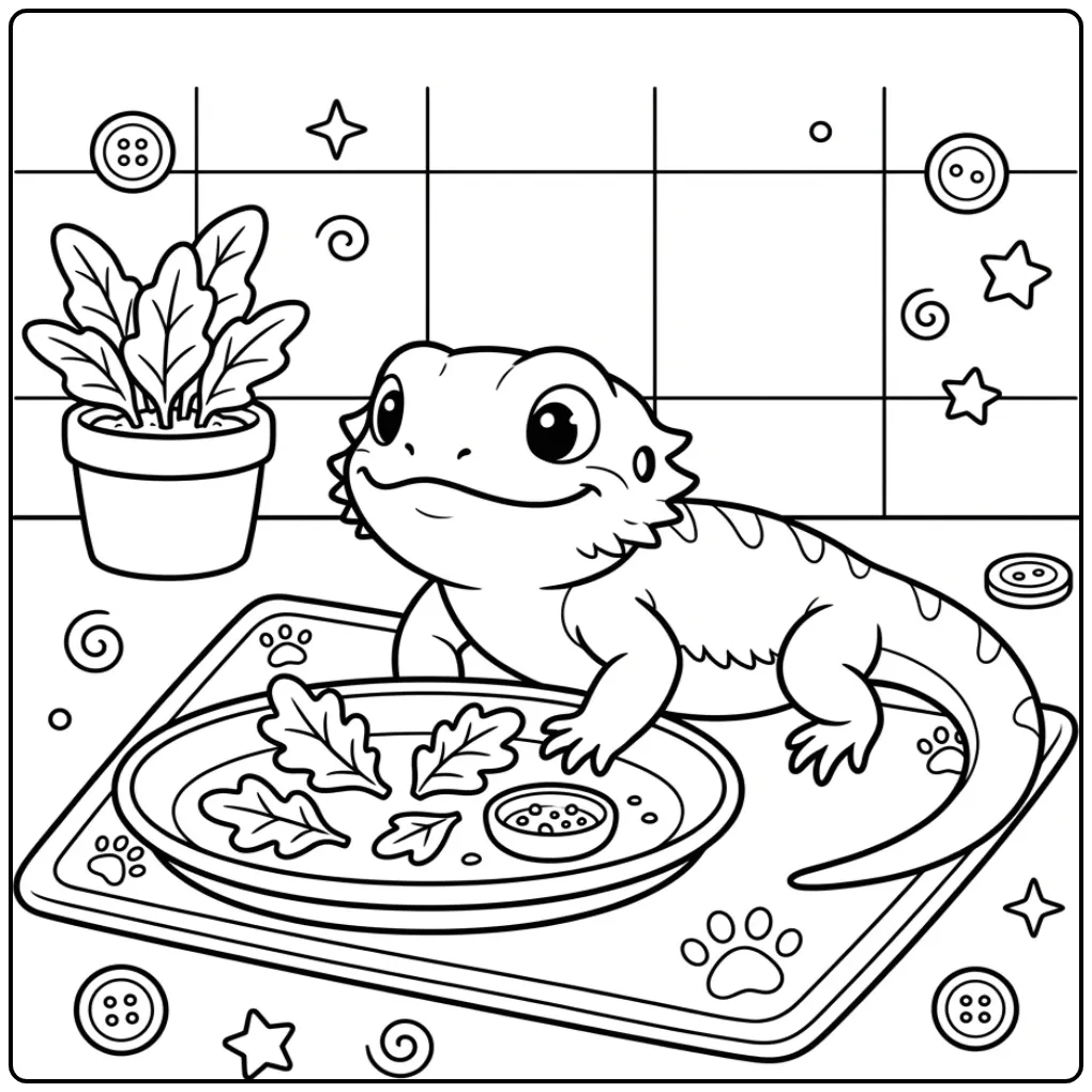 Baby bearded dragon coloring page with a bowl of greens