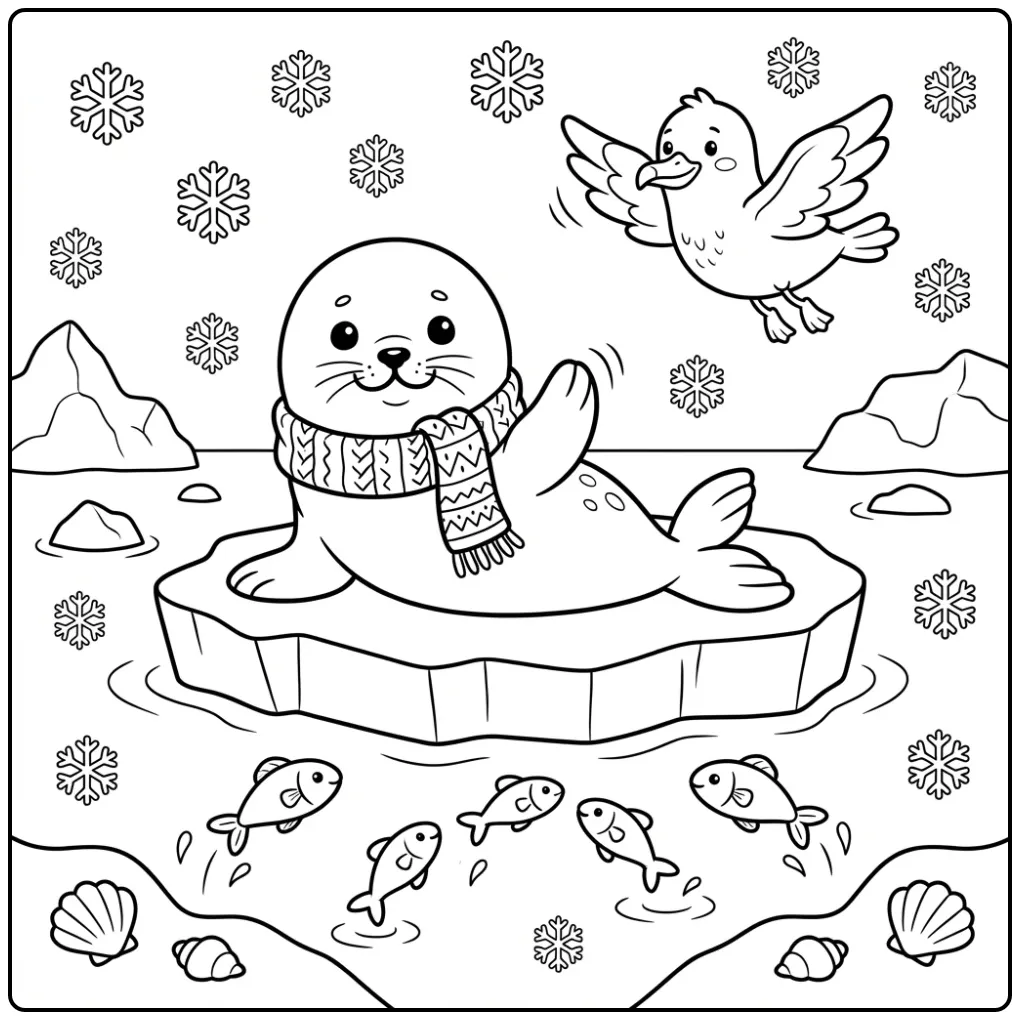 Seal coloring page featuring a baby seal on ice