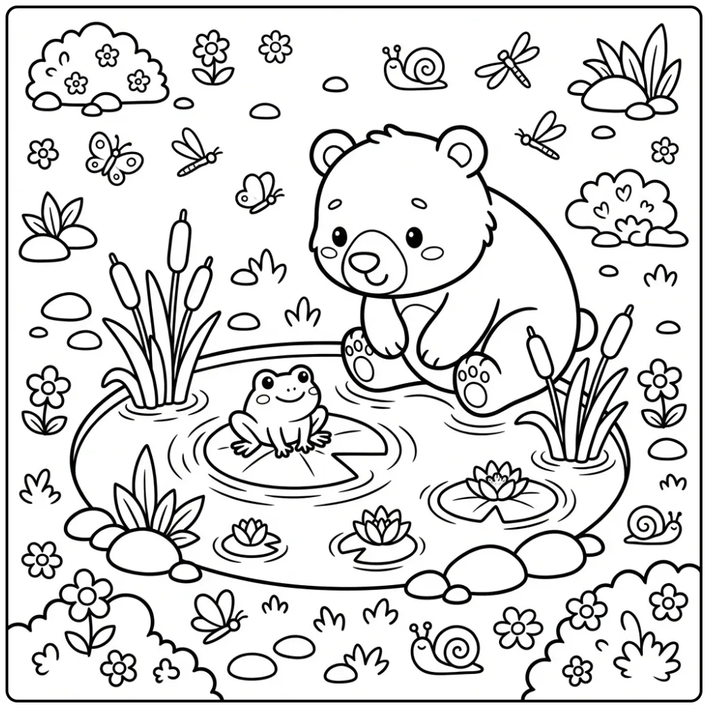 Easy bear coloring page with a frog by a pond