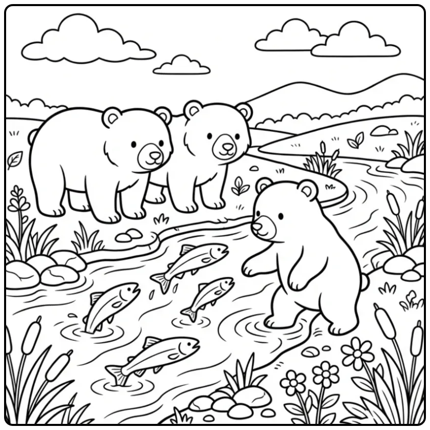 Bear coloring page with bears by a river
