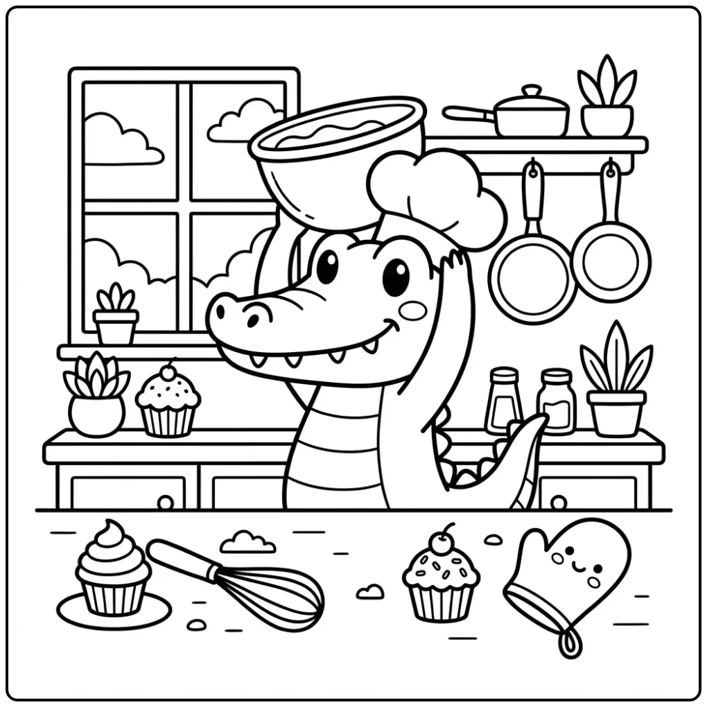 Crocodile coloring page showing a chef baking cupcakes