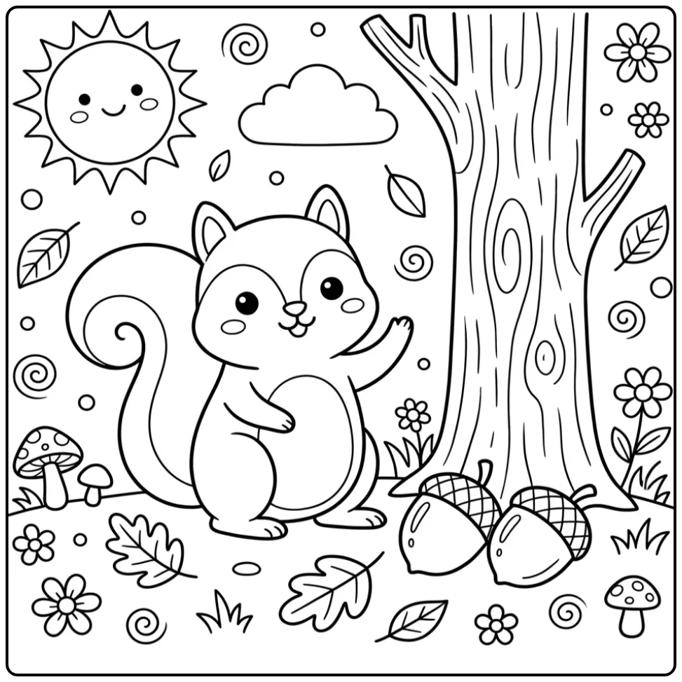 Easy squirrel coloring page waving beside a stump