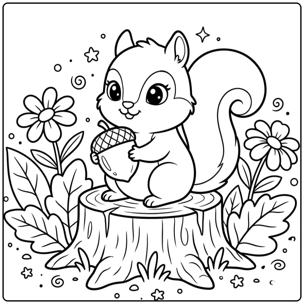 Baby squirrel coloring page holding a large acorn