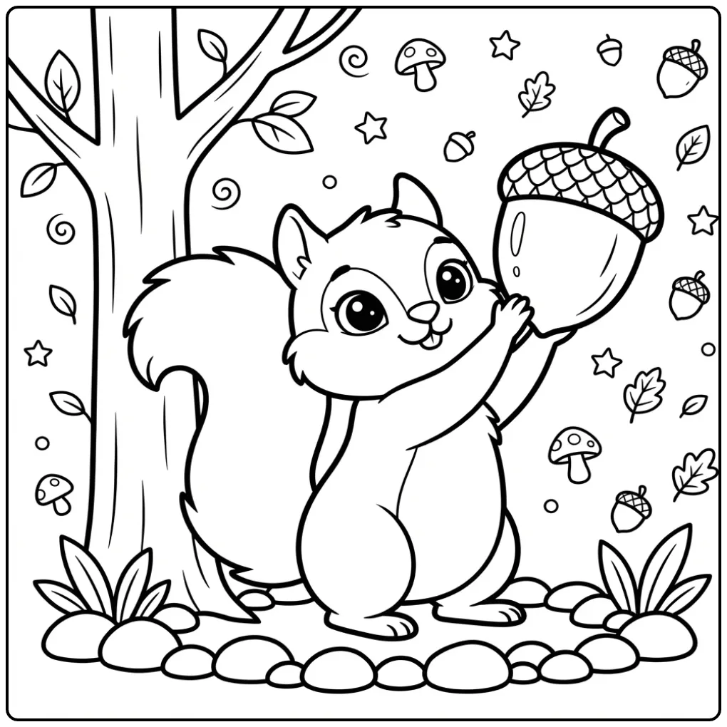 Simple squirrel coloring page holding an acorn