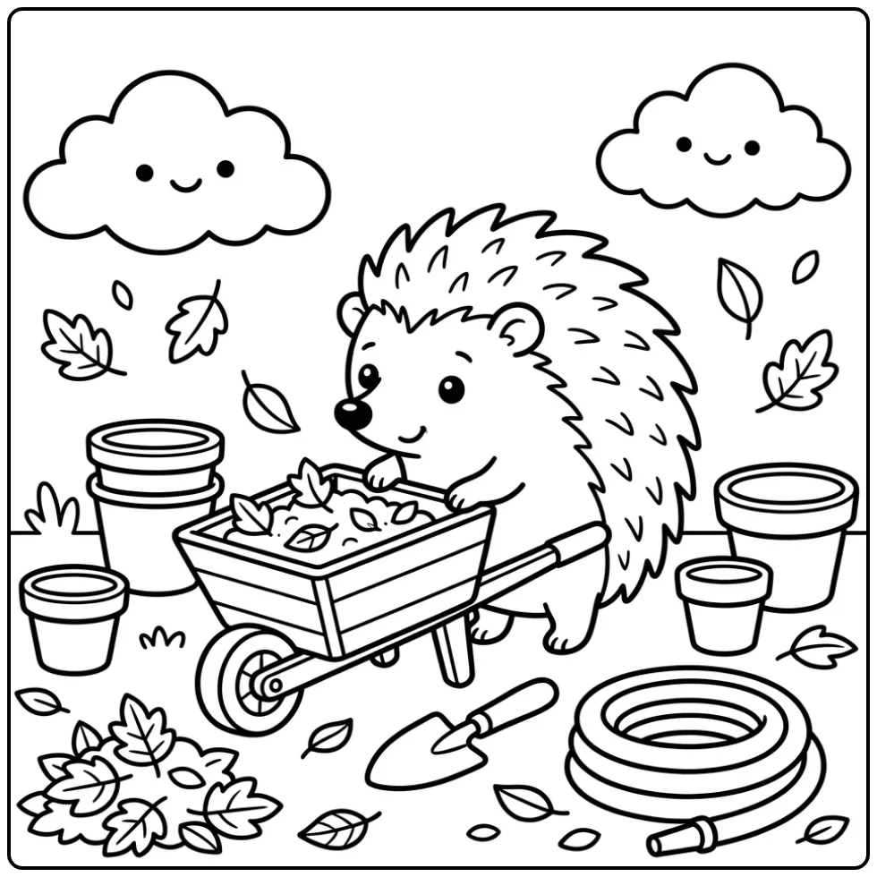 Hedgehog coloring page with a wheelbarrow in the garden
