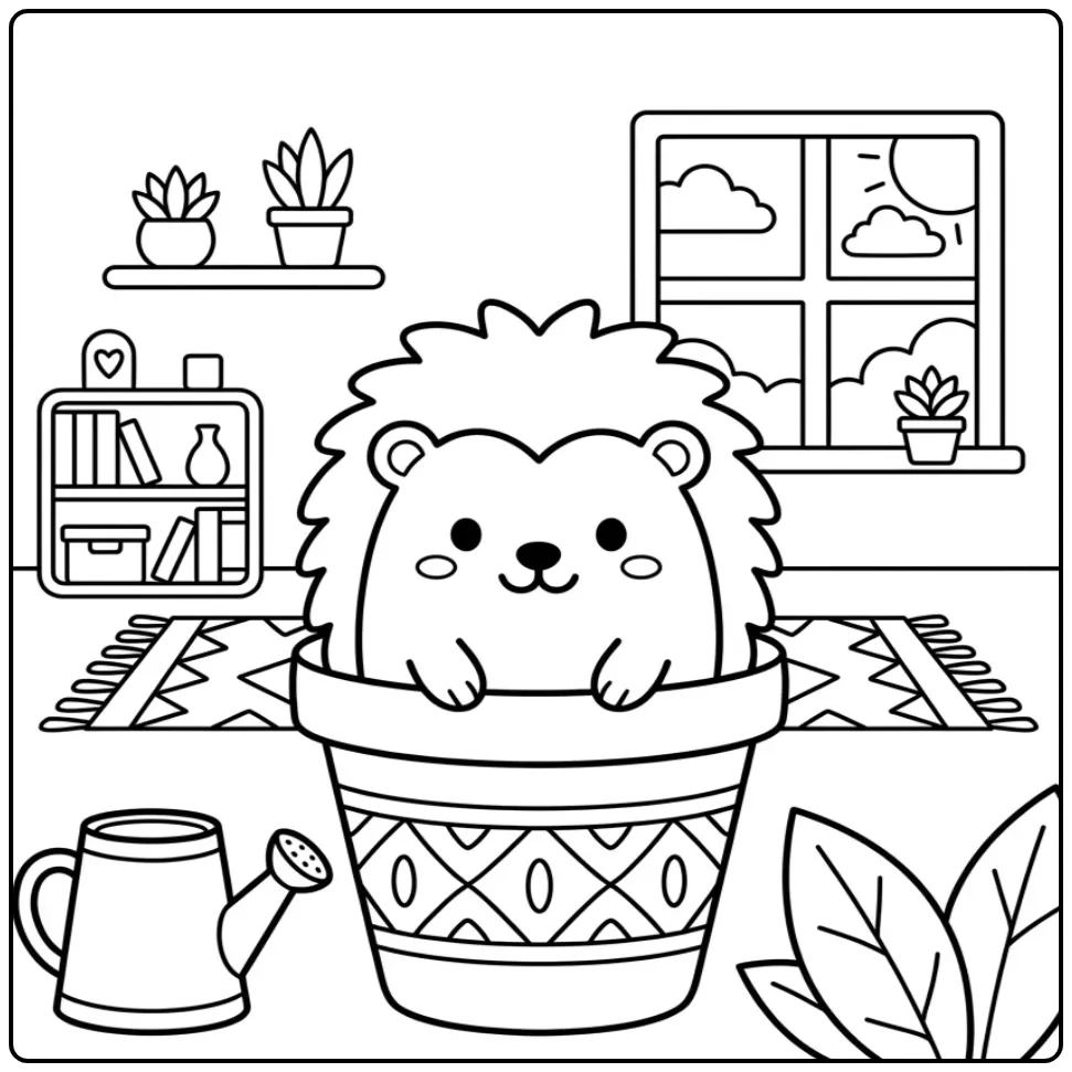 Simple hedgehog coloring page in a pot with a watering can