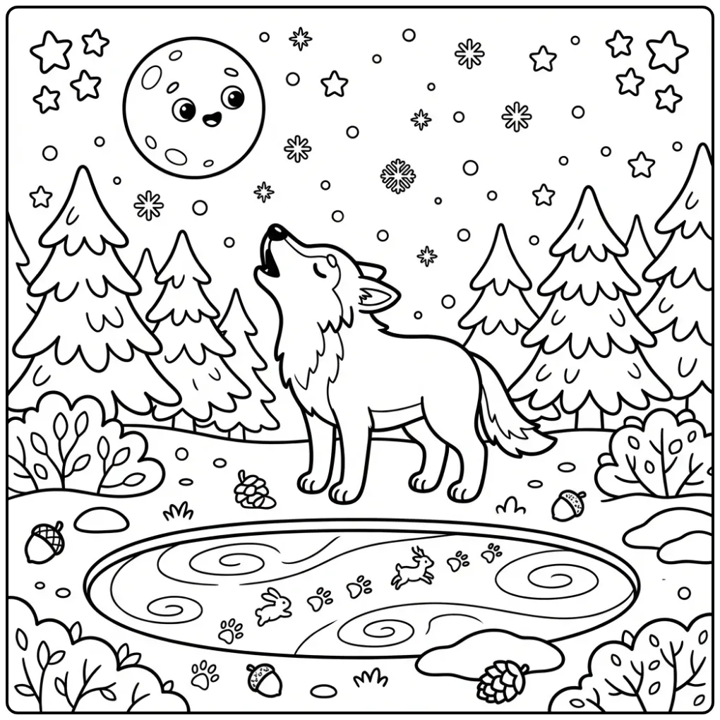 Howling wolf coloring page showing a winter scene