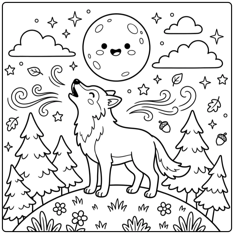 Howling wolf coloring page showing a wolf under the stars