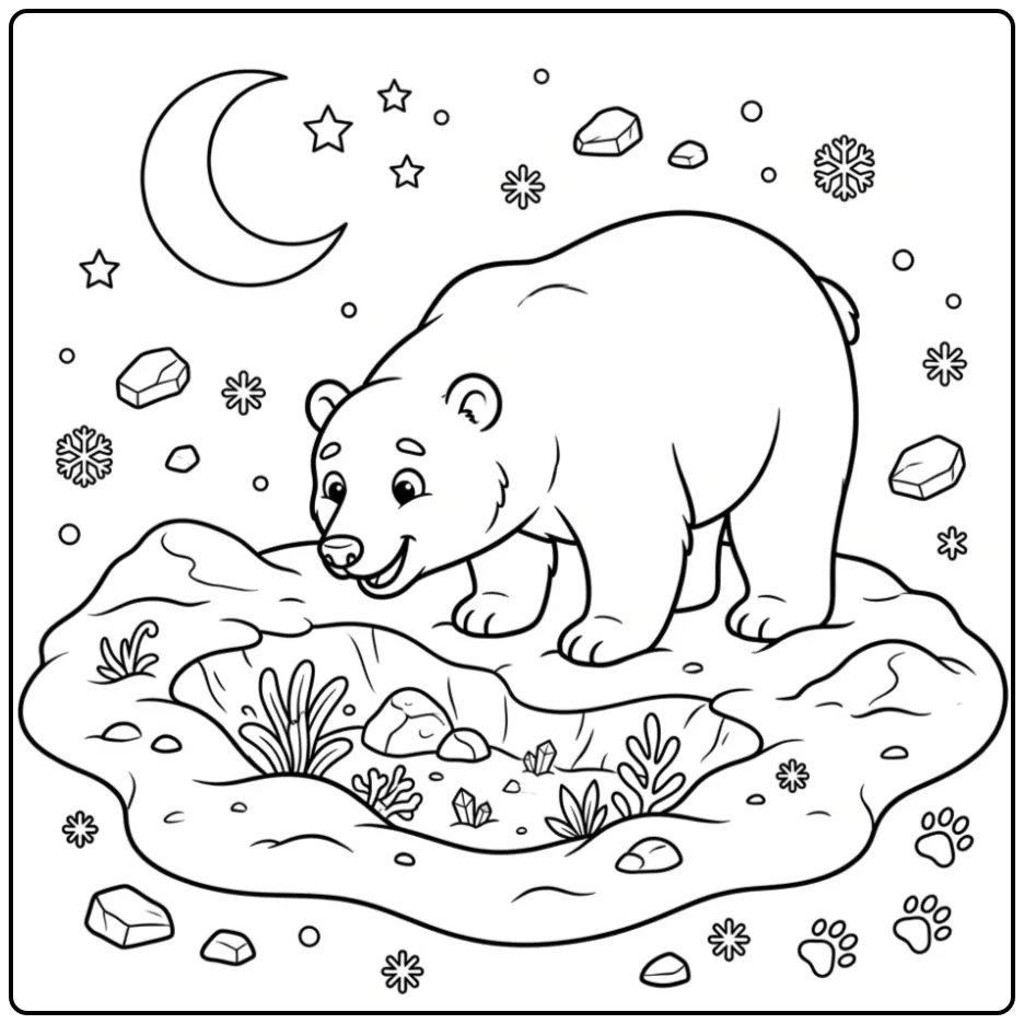 Cute polar bear coloring page in snow under the moon