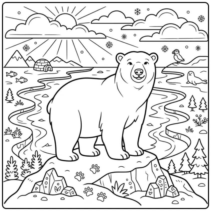 Polar bear coloring page on a snowy hilltop