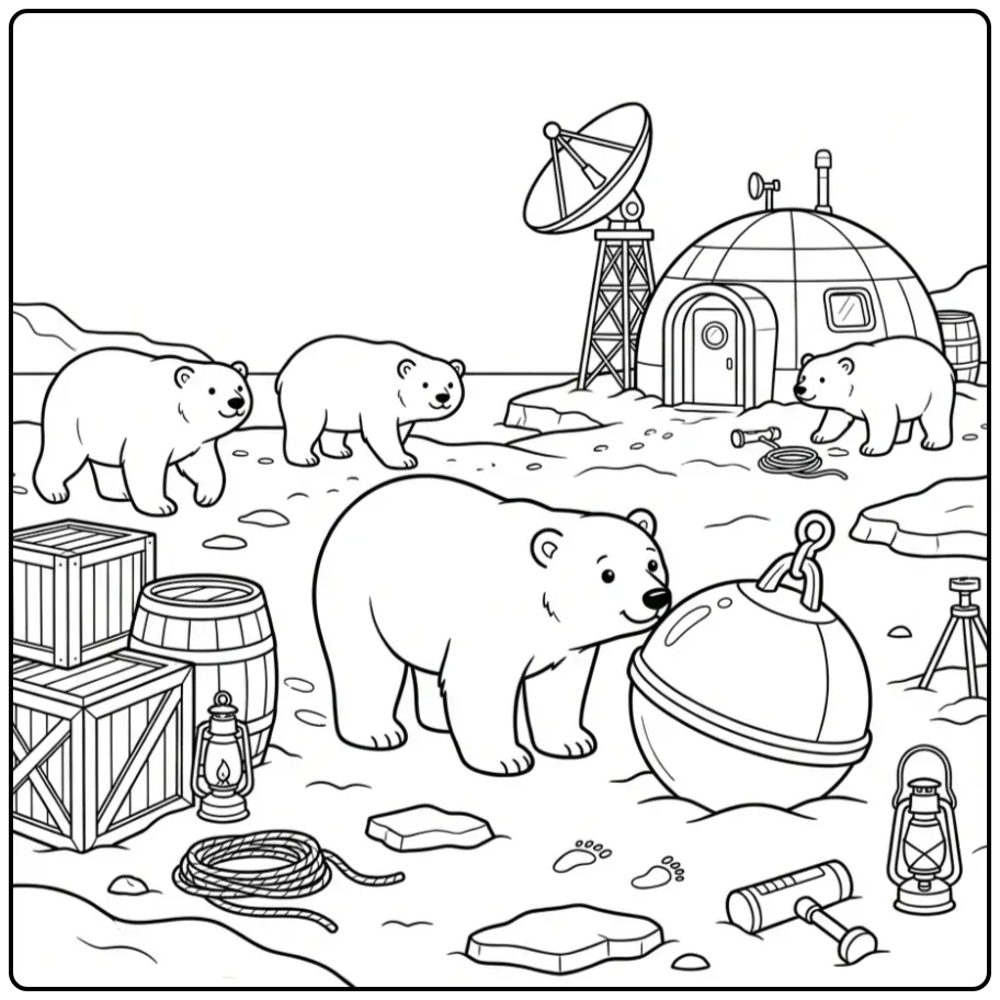Polar bears coloring page by a polar station