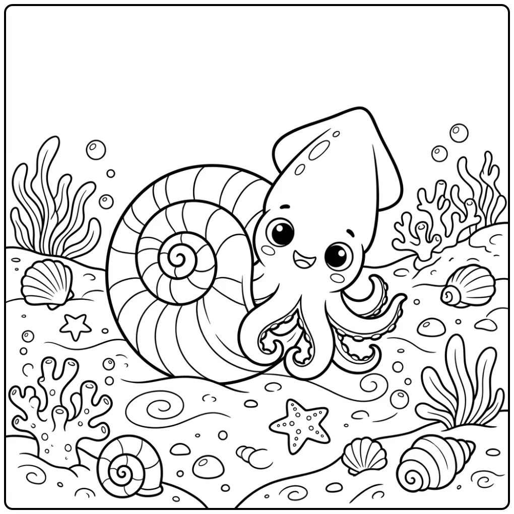 Baby squid coloring page hiding behind a shell