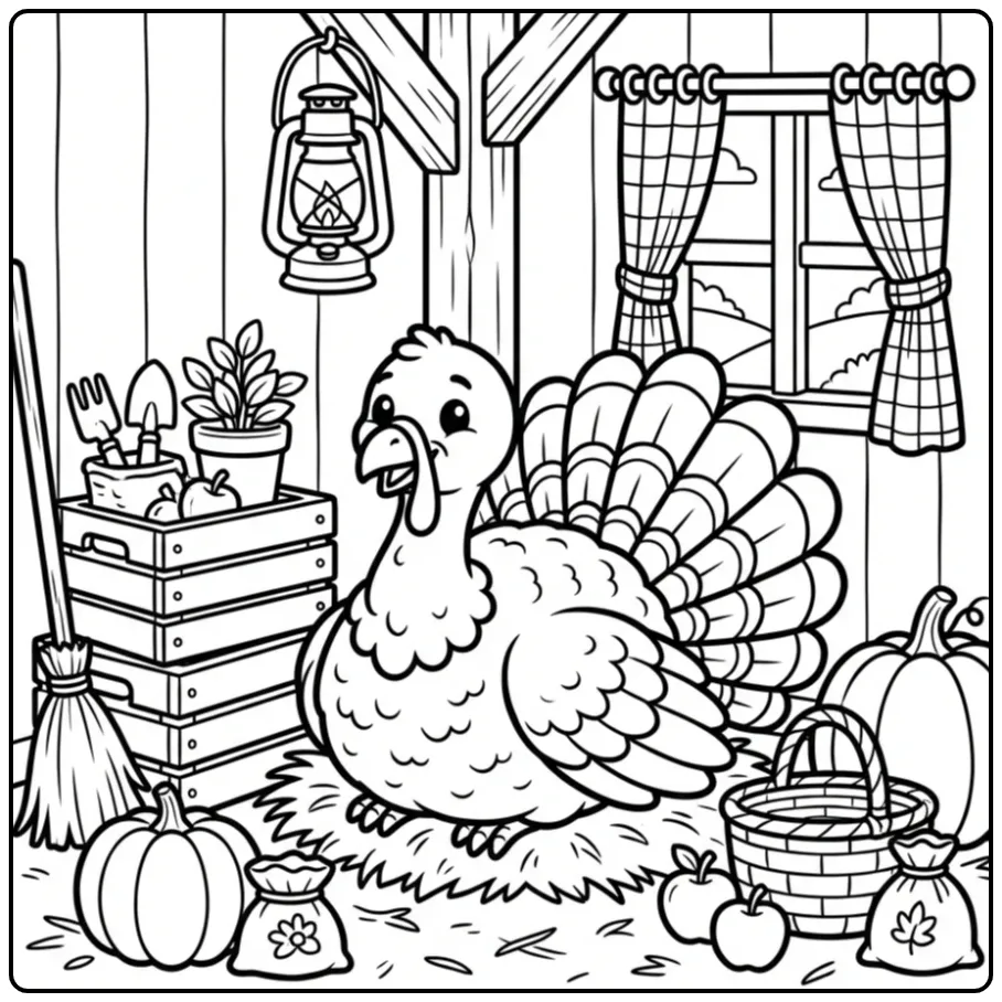 Turkey coloring page inside a cozy barn