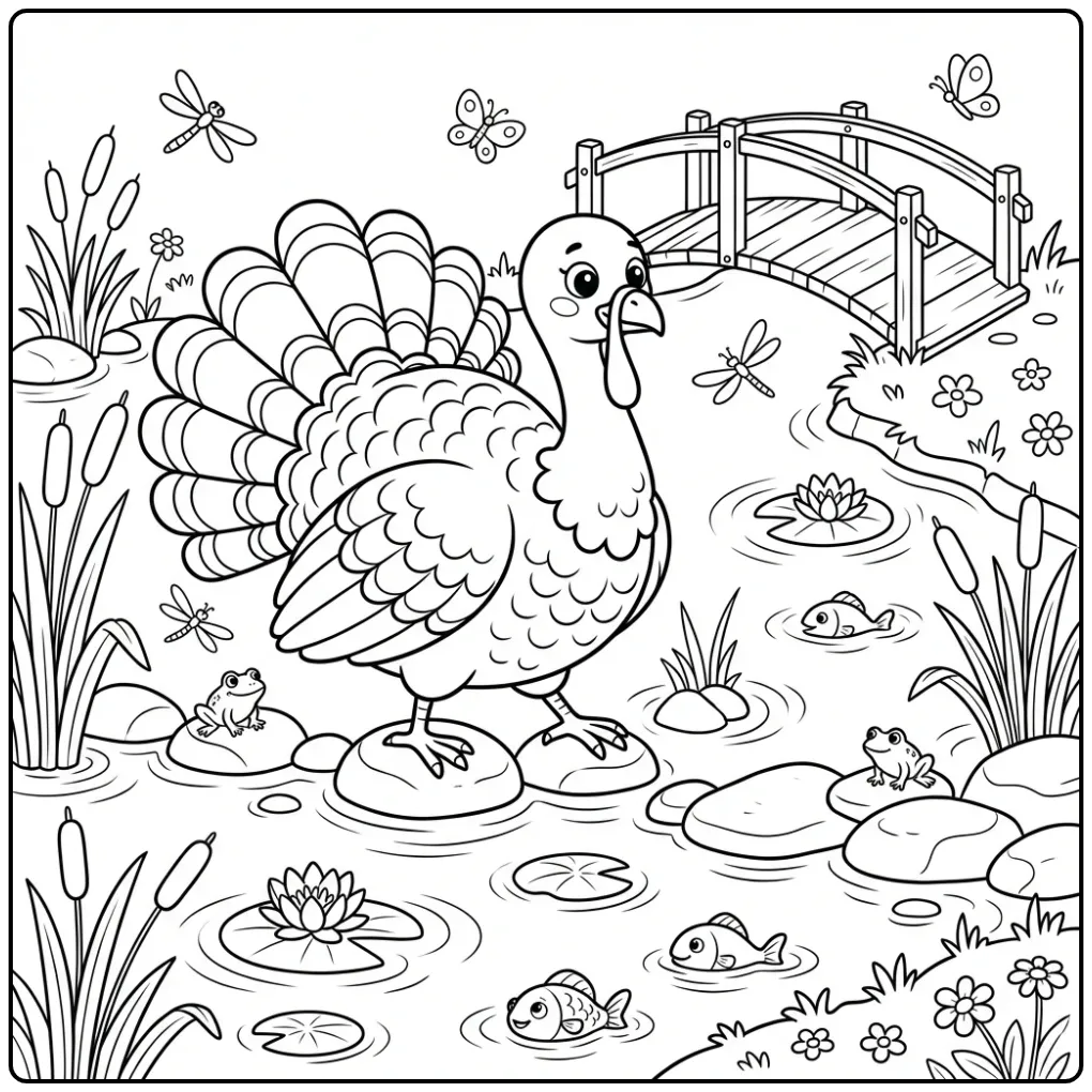 Turkey coloring page by a pond with reeds