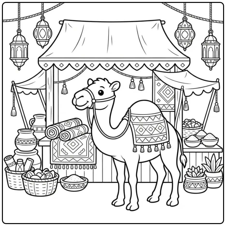 Camel coloring page with a market stall and pots