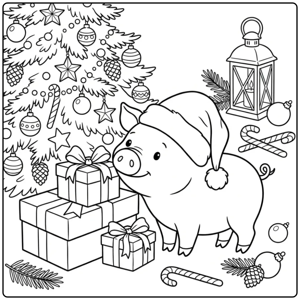 Christmas pig coloring page with Santa hat and gifts