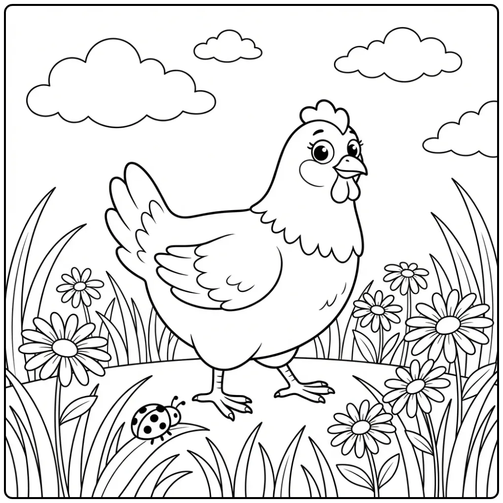 Easy chicken coloring page in a flower meadow
