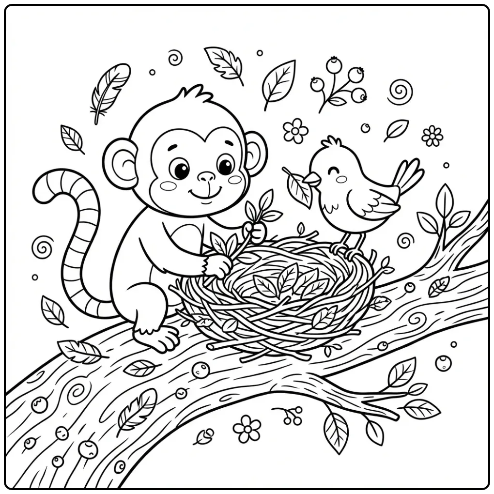 Monkey in tree coloring page building a nest with a bird