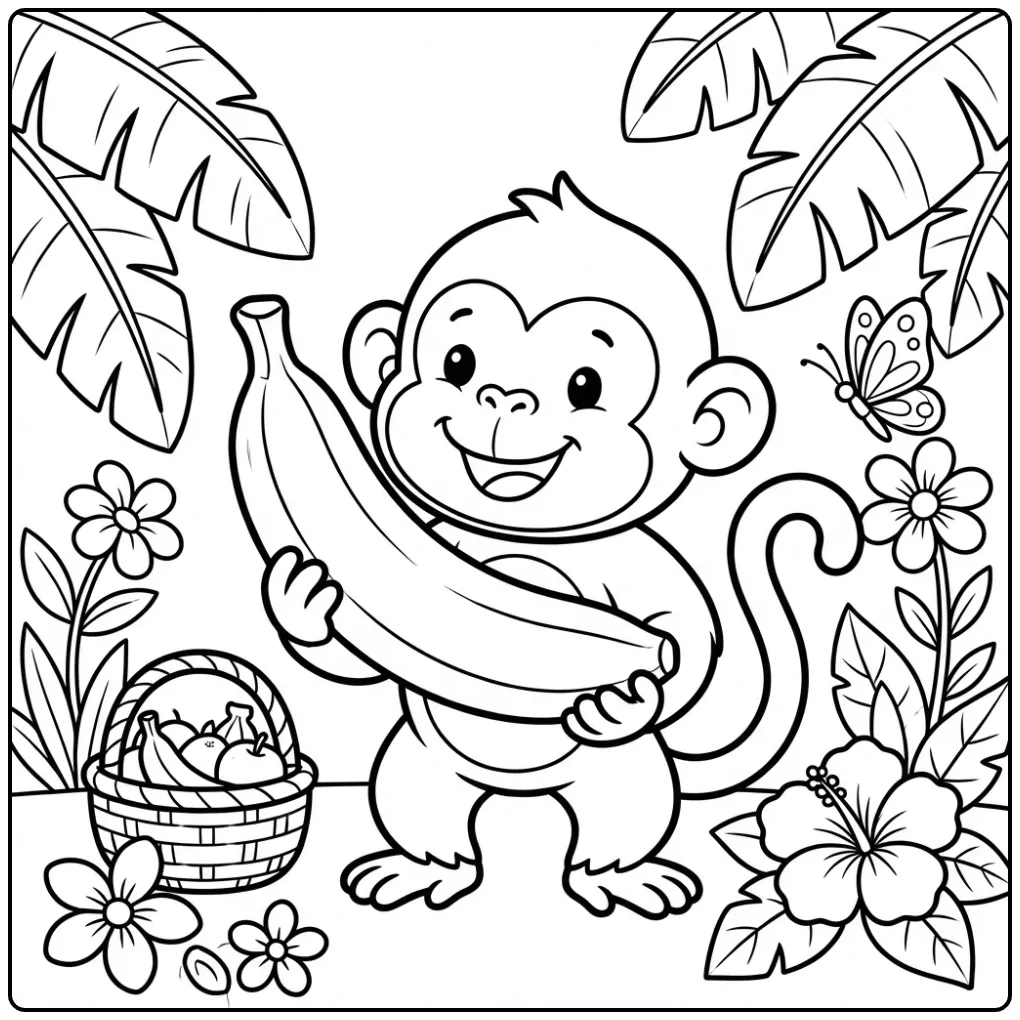 Monkey with banana coloring page holding a big banana