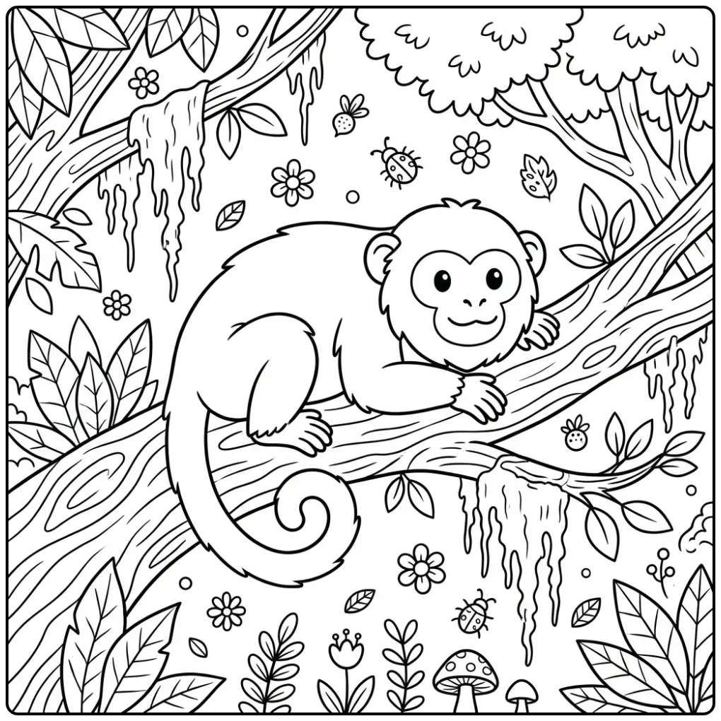 Howler monkey coloring page resting on a thick branch