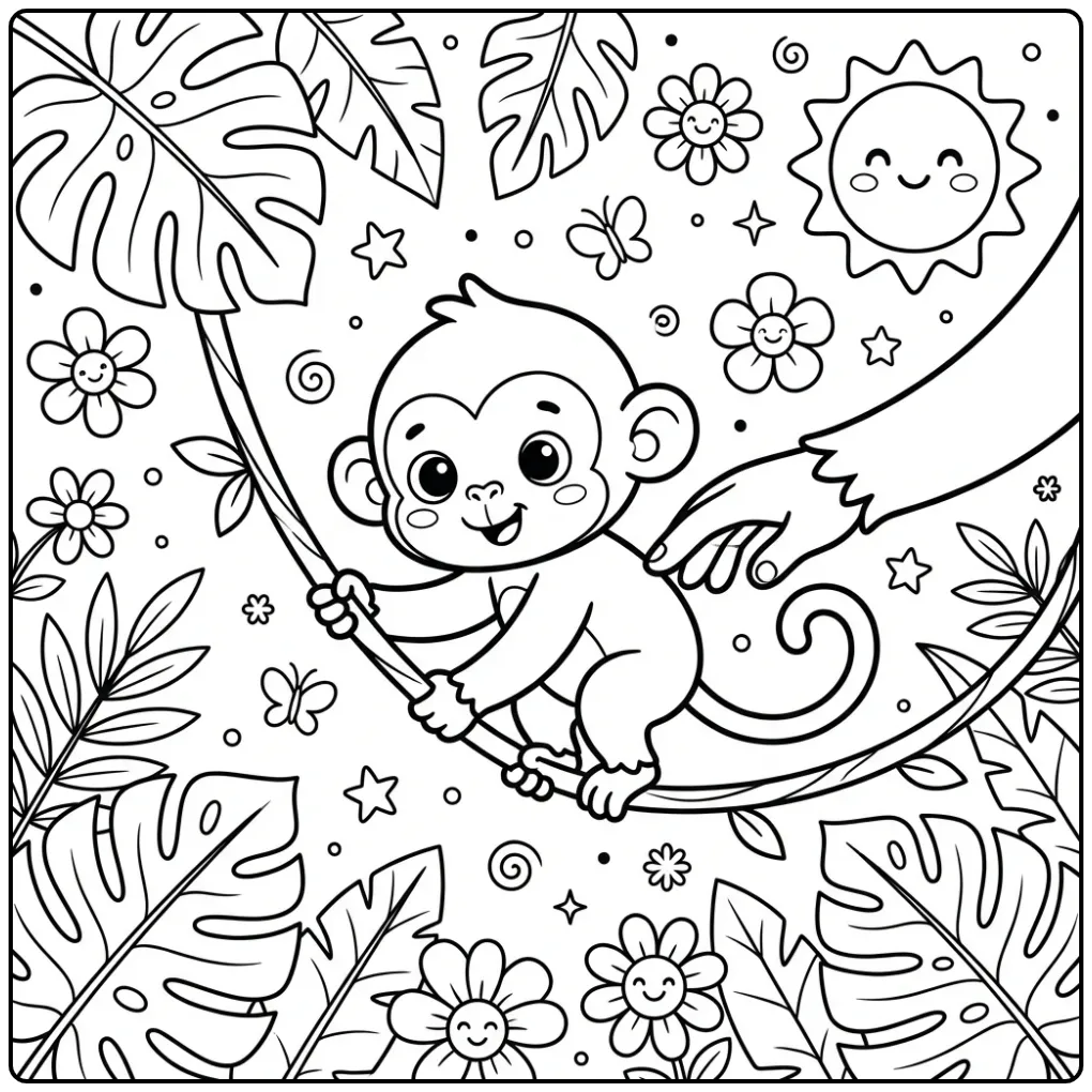 Little monkey coloring page learning to swing on a vine