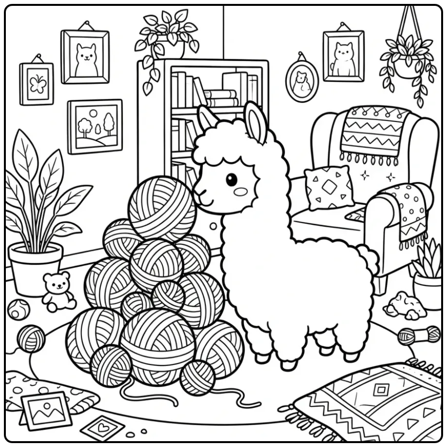 Cute alpaca coloring page playing with balls of wool